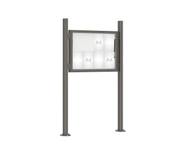 Schaukasten 1000 mit Quatro-Pfosten Farbe:Procity grau|Abmessungen:8 A4 - B 1000 x H 750 mm - Klapptür|Pfosten:Pfosten-Set auf Bodenplatten - Ohne Titelleiste