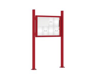 Schaukasten 1000 mit Quatro-Pfosten Farbe:RAL 3004|Abmessungen:8 A4 - B 1000 x H 750 mm - Klapptür|Pfosten:Mittelpfosten auf Bodenplatte - Ohne Titelleiste