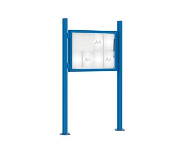 Schaukasten 1000 mit Quatro-Pfosten Farbe:RAL 5010|Abmessungen:8 A4 - B 1000 x H 750 mm - Klapptür|Pfosten:Mittelpfosten auf Bodenplatte - Ohne Titelleiste