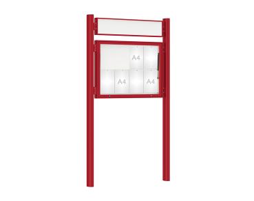 Schaukasten 1000 mit Quatro-Pfosten Farbe:RAL 3004|Abmessungen:8 A4 - B 1000 x H 750 mm - Klapptür|Pfosten:Pfosten-Set zum Einbetonieren - Mit Titelleiste