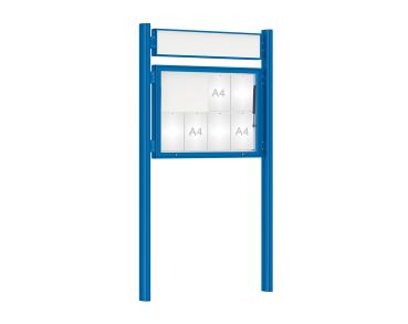 Schaukasten 1000 mit Quatro-Pfosten Farbe:RAL 5010|Abmessungen:8 A4 - B 1000 x H 750 mm - Klapptür|Pfosten:Pfosten-Set zum Einbetonieren - Mit Titelleiste