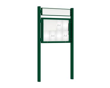 Schaukasten 1000 mit Quatro-Pfosten Farbe:RAL 6005|Abmessungen:8 A4 - B 1000 x H 750 mm - Klapptür|Pfosten:Pfosten-Set zum Einbetonieren - Mit Titelleiste