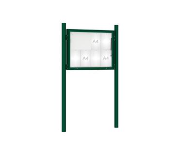 Schaukasten 1000 mit Pfosten Ø 76 mm Farbe:RAL 6005|Abmessungen:8 A4 - B 1000 x H 750 mm - Klapptür|Pfosten:Pfosten-Set zum Einbetonieren - Ohne Titelleiste
