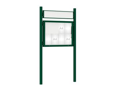 Schaukasten 1000 mit Pfosten Ø 76 mm Farbe:RAL 6005|Abmessungen:8 A4 - B 1000 x H 750 mm - Klapptür|Pfosten:Pfosten-Set zum Einbetonieren - Mit Titelleiste