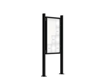 Schaukasten 2000 mit Quatro-Pfosten Farbe:RAL 9005|Abmessungen:12 A4 - B 750 x H 1350 mm - Flügeltür|Pfosten:Pfosten-Set auf Bodenplatten - Ohne Titelleiste
