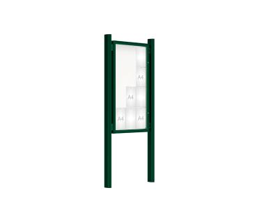 Schaukasten 2000 mit Quatro-Pfosten Farbe:RAL 6005|Abmessungen:12 A4 - B 750 x H 1350 mm - Flügeltür|Pfosten:Mittelpfosten zum Einbetonieren - Ohne Titelleiste