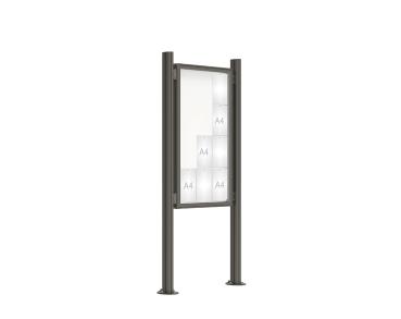 Schaukasten 2000 mit Quatro-Pfosten Farbe:Procity grau|Abmessungen:12 A4 - B 750 x H 1350 mm - Flügeltür|Pfosten:Mittelpfosten auf Bodenplatte - Ohne Titelleiste