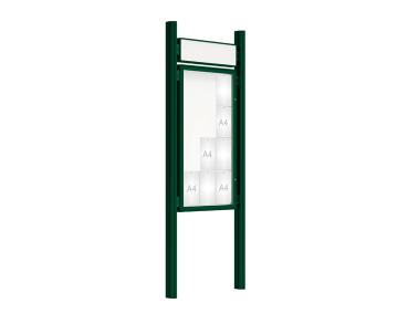 Schaukasten 2000 mit Quatro-Pfosten Farbe:RAL 6005|Abmessungen:12 A4 - B 750 x H 1350 mm - Flügeltür|Pfosten:Mittelpfosten zum Einbetonieren - Mit Titelleiste