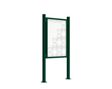 Schaukasten 2000 mit Quatro-Pfosten Farbe:RAL 6005|Abmessungen:16 A4 - B 1000 x H 1350 mm - Flügeltür|Pfosten:Pfosten-Set auf Bodenplatten - Ohne Titelleiste
