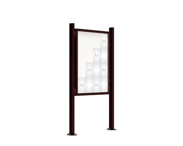 Schaukasten 2000 mit Quatro-Pfosten Farbe:RAL 8017|Abmessungen:16 A4 - B 1000 x H 1350 mm - Flügeltür|Pfosten:Pfosten-Set auf Bodenplatten - Ohne Titelleiste