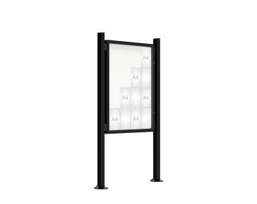 Schaukasten 2000 mit Quatro-Pfosten Farbe:RAL 9005|Abmessungen:16 A4 - B 1000 x H 1350 mm - Flügeltür|Pfosten:Pfosten-Set auf Bodenplatten - Ohne Titelleiste