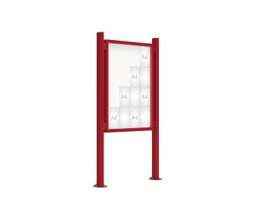 Schaukasten 2000 mit Quatro-Pfosten Farbe:RAL 3004|Abmessungen:16 A4 - B 1000 x H 1350 mm - Flügeltür|Pfosten:Mittelpfosten auf Bodenplatte - Ohne Titelleiste