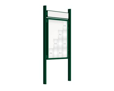 Schaukasten 2000 mit Quatro-Pfosten Farbe:RAL 6005|Abmessungen:16 A4 - B 1000 x H 1350 mm - Flügeltür|Pfosten:Pfosten-Set zum Einbetonieren - Mit Titelleiste
