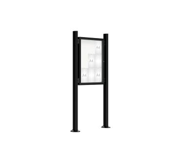 Schaukasten 2000 mit Quatro-Pfosten Farbe:RAL 9005|Abmessungen:9 A4 - B 750 x H 1000 mm - Flügeltür|Pfosten:Pfosten-Set auf Bodenplatten - Ohne Titelleiste