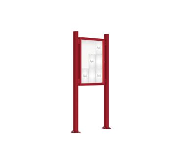 Schaukasten 2000 mit Quatro-Pfosten Farbe:RAL 3004|Abmessungen:9 A4 - B 750 x H 1000 mm - Flügeltür|Pfosten:Mittelpfosten auf Bodenplatte - Ohne Titelleiste
