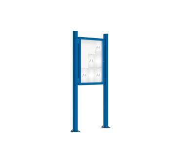 Schaukasten 2000 mit Quatro-Pfosten Farbe:RAL 5010|Abmessungen:9 A4 - B 750 x H 1000 mm - Flügeltür|Pfosten:Mittelpfosten auf Bodenplatte - Ohne Titelleiste