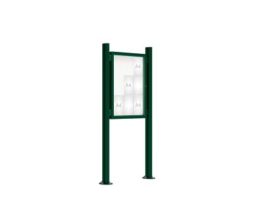 Schaukasten 2000 mit Quatro-Pfosten Farbe:RAL 6005|Abmessungen:9 A4 - B 750 x H 1000 mm - Flügeltür|Pfosten:Mittelpfosten auf Bodenplatte - Ohne Titelleiste