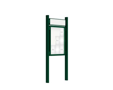 Schaukasten 2000 mit Quatro-Pfosten Farbe:RAL 6005|Abmessungen:9 A4 - B 750 x H 1000 mm - Flügeltür|Pfosten:Mittelpfosten zum Einbetonieren - Mit Titelleiste