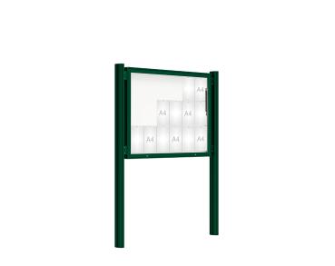 Schaukasten 2000 mit Quatro-Pfosten Farbe:RAL 6005|Abmessungen:18 A4 - B 1350 x H 1000 mm - Klapptür|Pfosten:Pfosten-Set zum Einbetonieren - Ohne Titelleiste