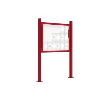 Schaukasten 2000 mit Quatro-Pfosten Farbe:RAL 3004|Abmessungen:18 A4 - B 1350 x H 1000 mm - Klapptür|Pfosten:Pfosten-Set auf Bodenplatten - Ohne Titelleiste