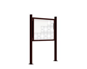 Schaukasten 2000 mit Quatro-Pfosten Farbe:RAL 8017|Abmessungen:18 A4 - B 1350 x H 1000 mm - Klapptür|Pfosten:Pfosten-Set auf Bodenplatten - Ohne Titelleiste