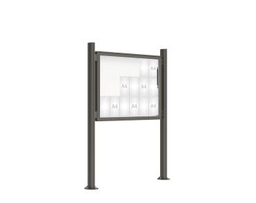 Schaukasten 2000 mit Quatro-Pfosten Farbe:Procity grau|Abmessungen:18 A4 - B 1350 x H 1000 mm - Klapptür|Pfosten:Pfosten-Set auf Bodenplatten - Ohne Titelleiste