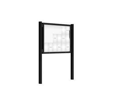 Schaukasten 2000 mit Quatro-Pfosten Farbe:RAL 9005|Abmessungen:18 A4 - B 1350 x H 1000 mm - Klapptür|Pfosten:Mittelpfosten zum Einbetonieren - Ohne Titelleiste