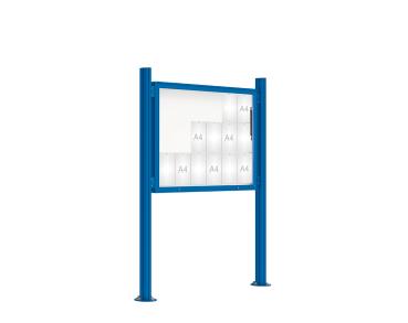 Schaukasten 2000 mit Quatro-Pfosten Farbe:RAL 5010|Abmessungen:18 A4 - B 1350 x H 1000 mm - Klapptür|Pfosten:Mittelpfosten auf Bodenplatte - Ohne Titelleiste