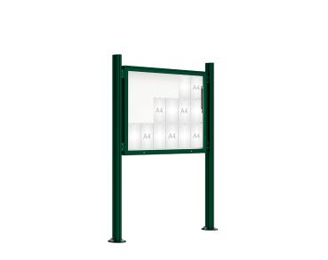 Schaukasten 2000 mit Quatro-Pfosten Farbe:RAL 6005|Abmessungen:18 A4 - B 1350 x H 1000 mm - Klapptür|Pfosten:Mittelpfosten auf Bodenplatte - Ohne Titelleiste