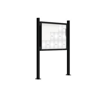 Schaukasten 2000 mit Quatro-Pfosten Farbe:RAL 9005|Abmessungen:18 A4 - B 1350 x H 1000 mm - Klapptür|Pfosten:Mittelpfosten auf Bodenplatte - Ohne Titelleiste