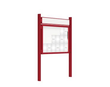 Schaukasten 2000 mit Quatro-Pfosten Farbe:RAL 3004|Abmessungen:18 A4 - B 1350 x H 1000 mm - Klapptür|Pfosten:Pfosten-Set zum Einbetonieren - Mit Titelleiste