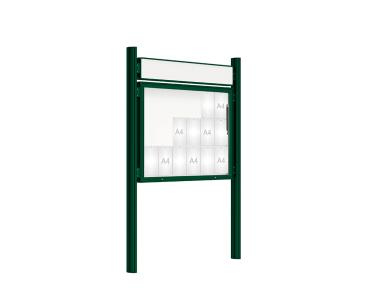 Schaukasten 2000 mit Quatro-Pfosten Farbe:RAL 6005|Abmessungen:18 A4 - B 1350 x H 1000 mm - Klapptür|Pfosten:Pfosten-Set zum Einbetonieren - Mit Titelleiste