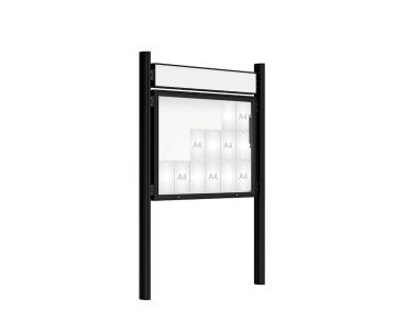 Schaukasten 2000 mit Quatro-Pfosten Farbe:RAL 9005|Abmessungen:18 A4 - B 1350 x H 1000 mm - Klapptür|Pfosten:Pfosten-Set zum Einbetonieren - Mit Titelleiste