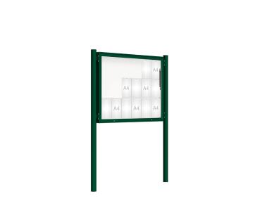 Schaukasten 2000 mit Pfosten Ø 76 mm Farbe:RAL 6005|Abmessungen:18 A4 - B 1350 x H 1000 mm - Klapptür|Pfosten:Pfosten-Set zum Einbetonieren - Ohne Titelleiste