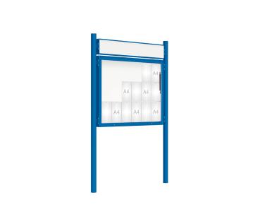 Schaukasten 2000 mit Pfosten Ø 76 mm Farbe:RAL 5010|Abmessungen:18 A4 - B 1350 x H 1000 mm - Klapptür|Pfosten:Pfosten-Set zum Einbetonieren - Mit Titelleiste