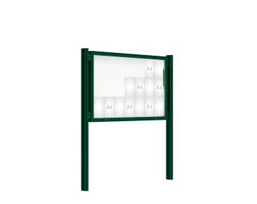 Schaukasten 2000 mit Quatro-Pfosten Farbe:RAL 6005|Abmessungen:21 A4 - B 1600 x H 1000 mm - Klapptür|Pfosten:Pfosten-Set zum Einbetonieren - Ohne Titelleiste