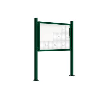 Schaukasten 2000 mit Quatro-Pfosten Farbe:RAL 6005|Abmessungen:21 A4 - B 1600 x H 1000 mm - Klapptür|Pfosten:Pfosten-Set auf Bodenplatten - Ohne Titelleiste