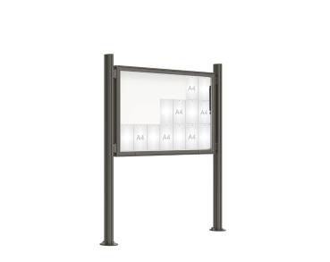 Schaukasten 2000 mit Quatro-Pfosten Farbe:Procity grau|Abmessungen:21 A4 - B 1600 x H 1000 mm - Klapptür|Pfosten:Pfosten-Set auf Bodenplatten - Ohne Titelleiste