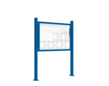 Schaukasten 2000 mit Quatro-Pfosten Farbe:RAL 5010|Abmessungen:21 A4 - B 1600 x H 1000 mm - Klapptür|Pfosten:Mittelpfosten auf Bodenplatte - Ohne Titelleiste