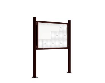 Schaukasten 2000 mit Quatro-Pfosten Farbe:RAL 8017|Abmessungen:21 A4 - B 1600 x H 1000 mm - Klapptür|Pfosten:Mittelpfosten auf Bodenplatte - Ohne Titelleiste
