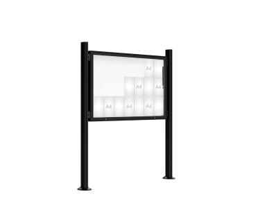 Schaukasten 2000 mit Quatro-Pfosten Farbe:RAL 9005|Abmessungen:21 A4 - B 1600 x H 1000 mm - Klapptür|Pfosten:Mittelpfosten auf Bodenplatte - Ohne Titelleiste