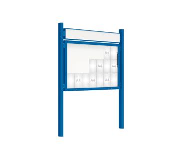 Schaukasten 2000 mit Quatro-Pfosten Farbe:RAL 5010|Abmessungen:21 A4 - B 1600 x H 1000 mm - Klapptür|Pfosten:Pfosten-Set zum Einbetonieren - Mit Titelleiste