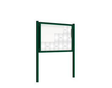 Schaukasten 2000 mit Pfosten Ø 76 mm Farbe:RAL 6005|Abmessungen:21 A4 - B 1600 x H 1000 mm - Klapptür|Pfosten:Pfosten-Set zum Einbetonieren - Ohne Titelleiste