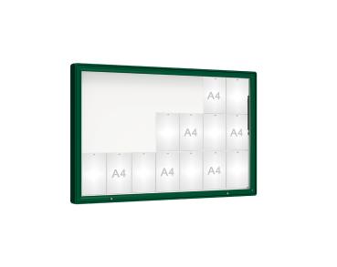 Schaukasten 2000 Farbe:RAL 6005|Verglasung:Plexichocs|Abmessungen:21 A4 - B 1600 x H 1000 mm