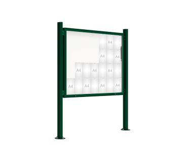 Schaukasten 2000 mit Quatro-Pfosten Farbe:RAL 6005|Abmessungen:28 A4 - B 1710 x 1350 mm - Klapptür|Pfosten:Pfosten-Set auf Bodenplatten - Ohne Titelleiste