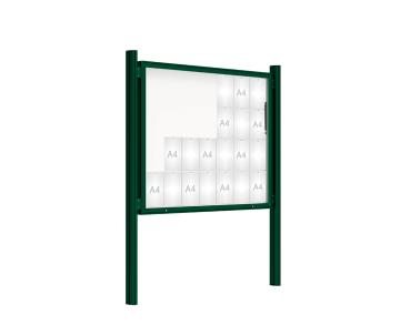 Schaukasten 2000 mit Quatro-Pfosten Farbe:RAL 6005|Abmessungen:28 A4 - B 1710 x 1350 mm - Klapptür|Pfosten:Mittelpfosten zum Einbetonieren - Ohne Titelleiste
