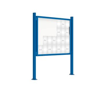 Schaukasten 2000 mit Quatro-Pfosten Farbe:RAL 5010|Abmessungen:28 A4 - B 1710 x 1350 mm - Klapptür|Pfosten:Mittelpfosten auf Bodenplatte - Ohne Titelleiste