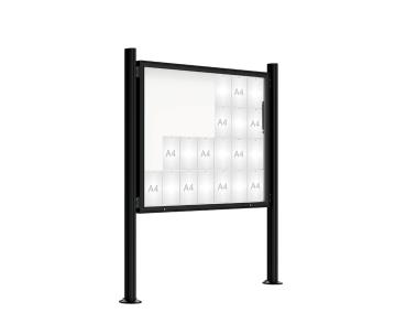 Schaukasten 2000 mit Quatro-Pfosten Farbe:RAL 9005|Abmessungen:28 A4 - B 1710 x 1350 mm - Klapptür|Pfosten:Mittelpfosten auf Bodenplatte - Ohne Titelleiste
