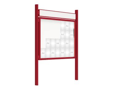 Schaukasten 2000 mit Quatro-Pfosten Farbe:RAL 3004|Abmessungen:28 A4 - B 1710 x 1350 mm - Klapptür|Pfosten:Pfosten-Set zum Einbetonieren - Mit Titelleiste