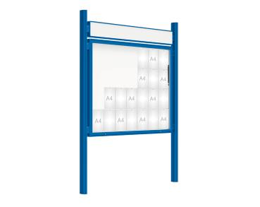 Schaukasten 2000 mit Quatro-Pfosten Farbe:RAL 5010|Abmessungen:28 A4 - B 1710 x 1350 mm - Klapptür|Pfosten:Pfosten-Set zum Einbetonieren - Mit Titelleiste